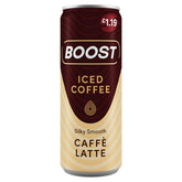 A 250ml can of Boost Iced Coffee Caffè Latte, featuring a brown and beige design labeled "Silky Smooth," is priced at £1.19.